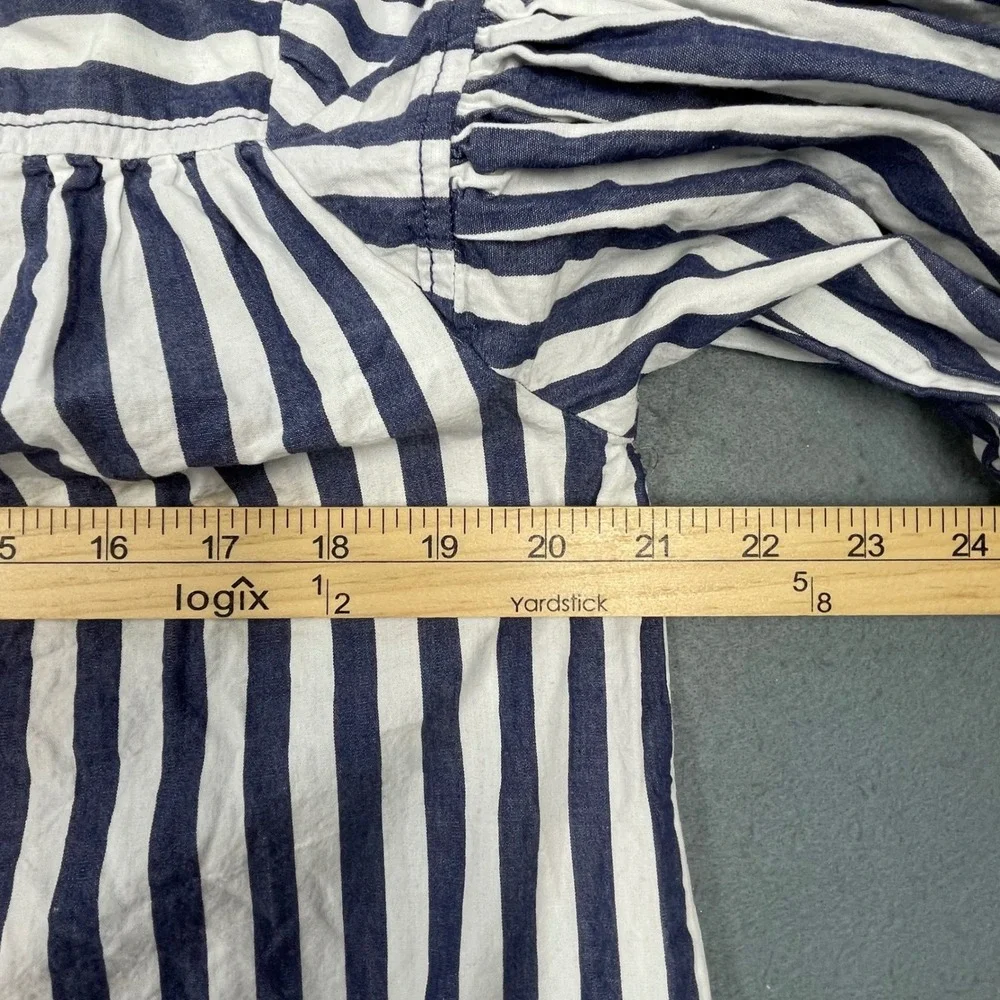 Anthropologie Navy White Striped Puff Sleeve Split Neck Blouse Womens Small